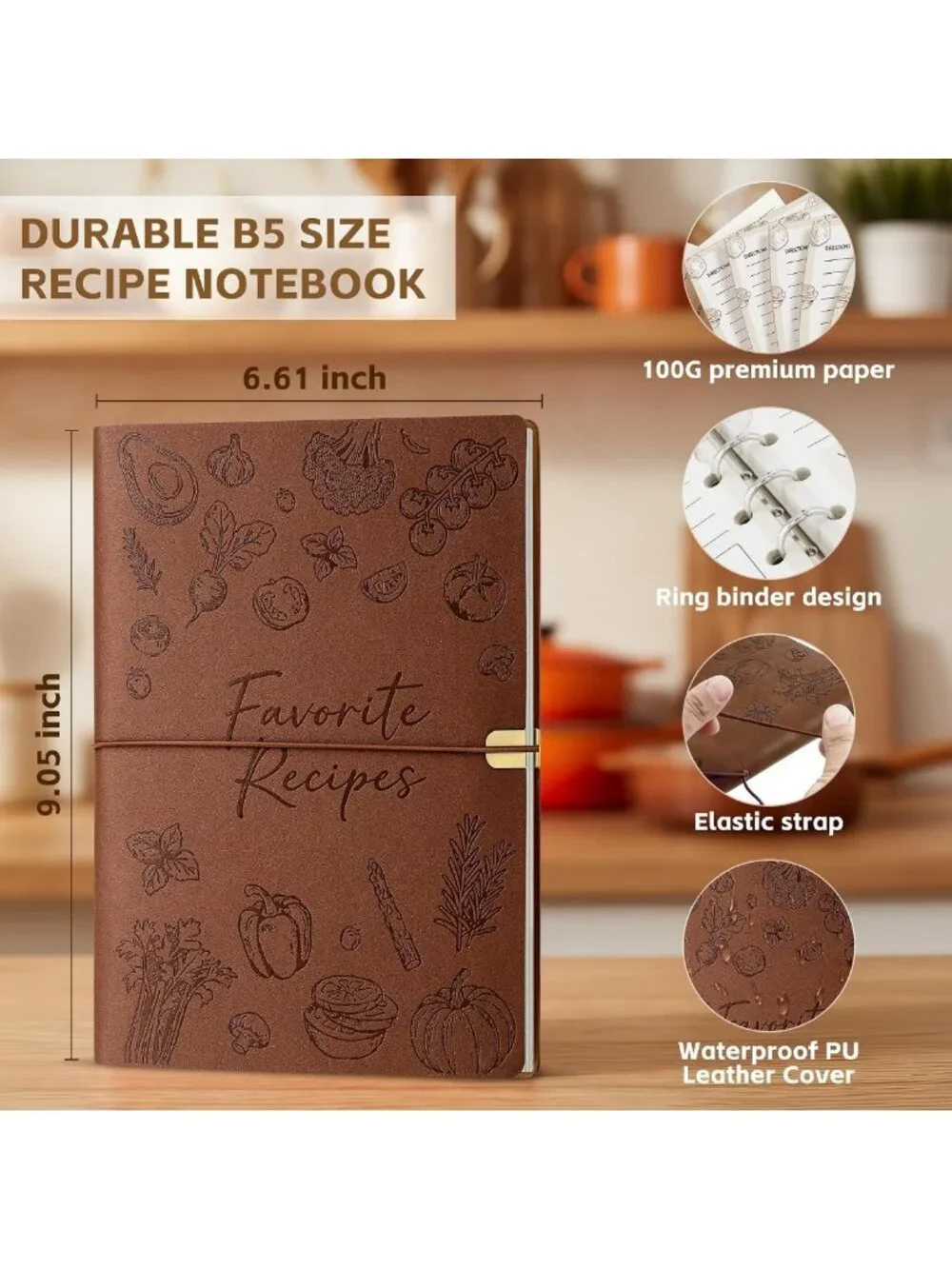 Waterproof Leather Recipe Journal Binder - Create Your Own Cookbook, Brown